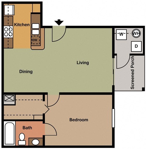 Floor plan for 1 bed, 1 bath, 730 sqft